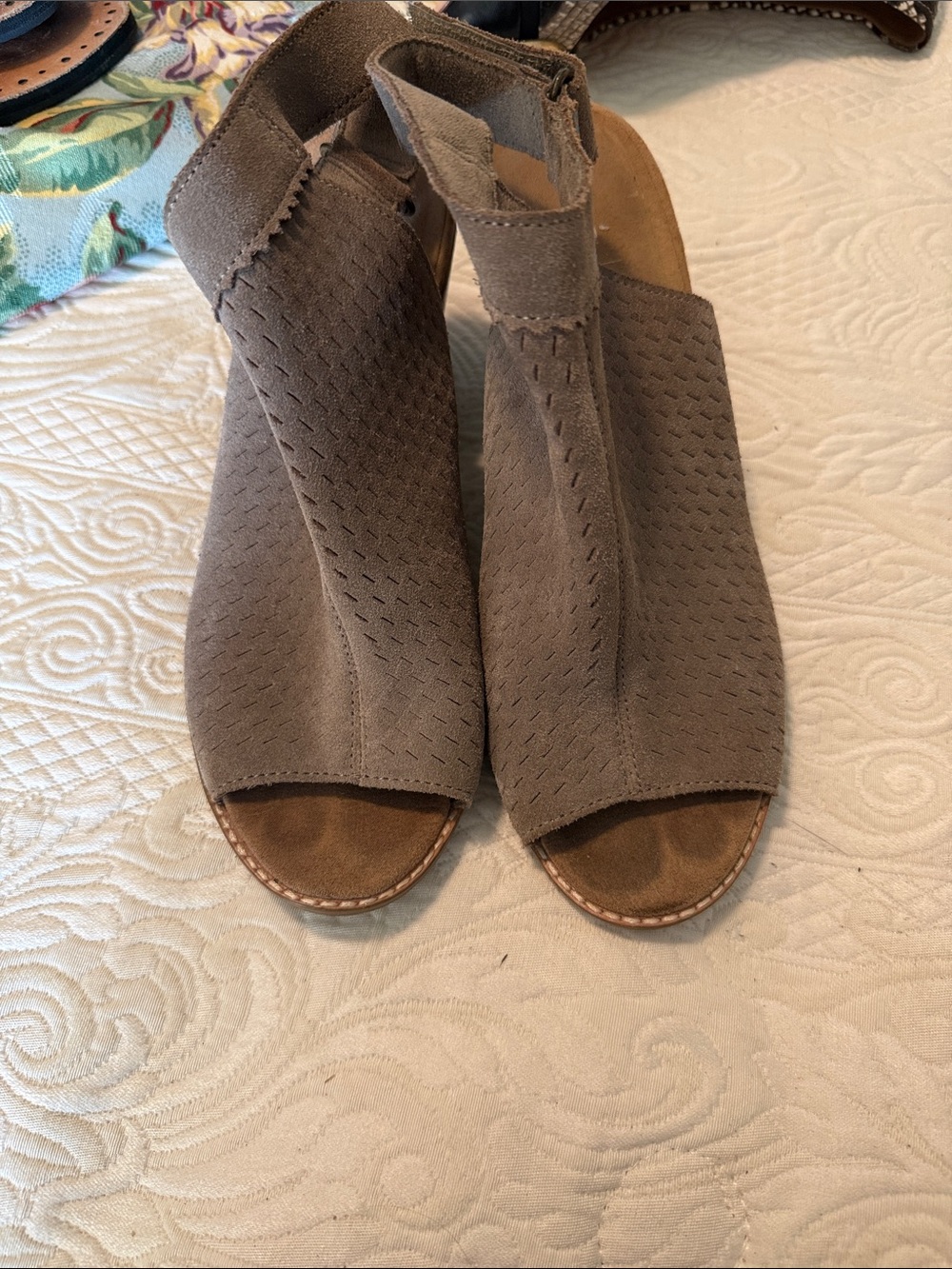 Toms Taupe Suede Open-Toe Ankle Heels